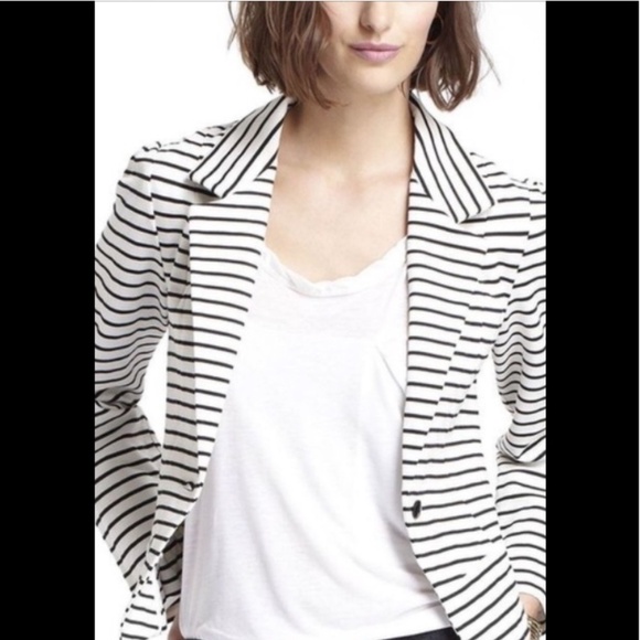 Anthropologie Cartonnier Blazer Navy White Stripe Nautical Two Button Front Sz M - Picture 1 of 14